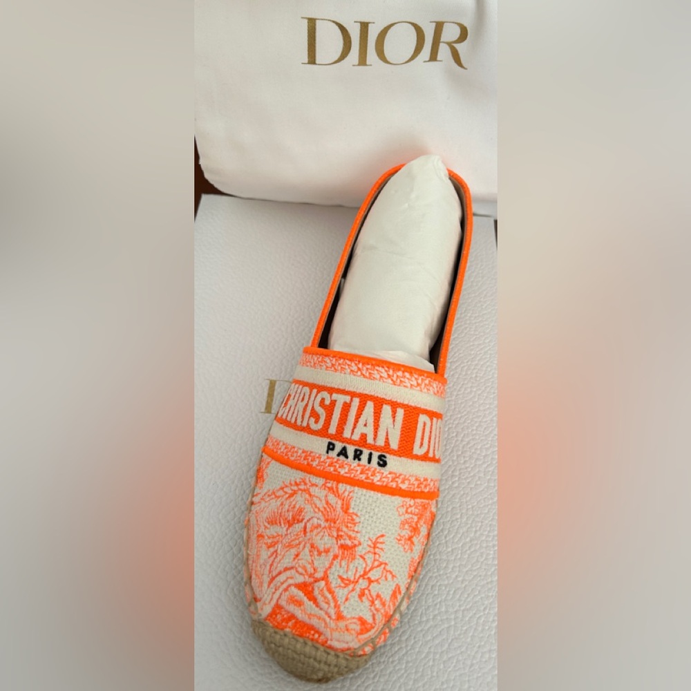 Dior Neon Orange/White Embroidered Canvas Granville Espadrille Flats Size 38.5